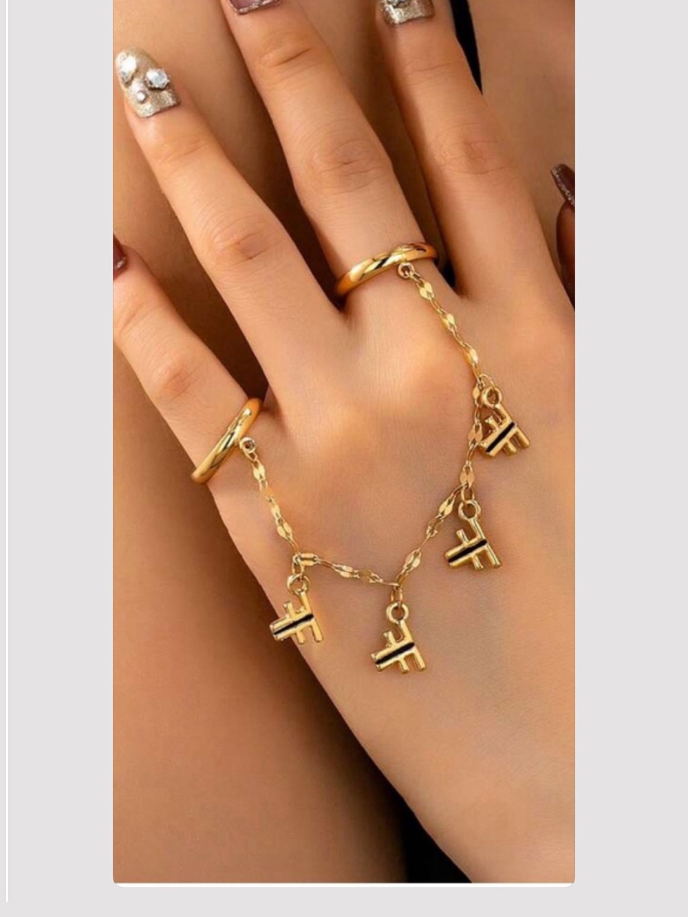 Gold-Tone Double Hand Charm Ring with Chain & Lettered F Charms